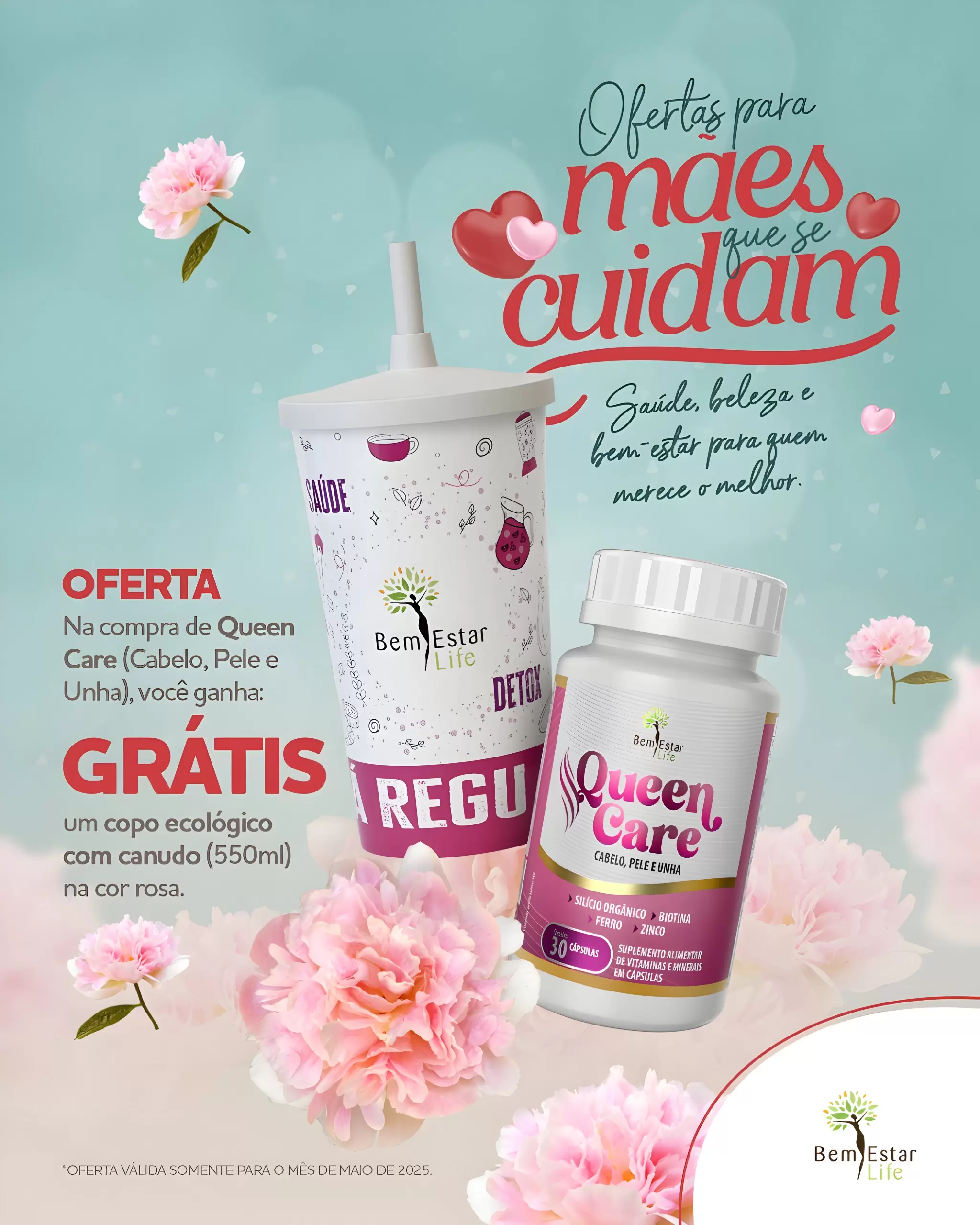 COMPRA DE QUEEN CARE (CABELO – UNHA) BRINDE COPO ROSA COM CANUDO 550 ML 