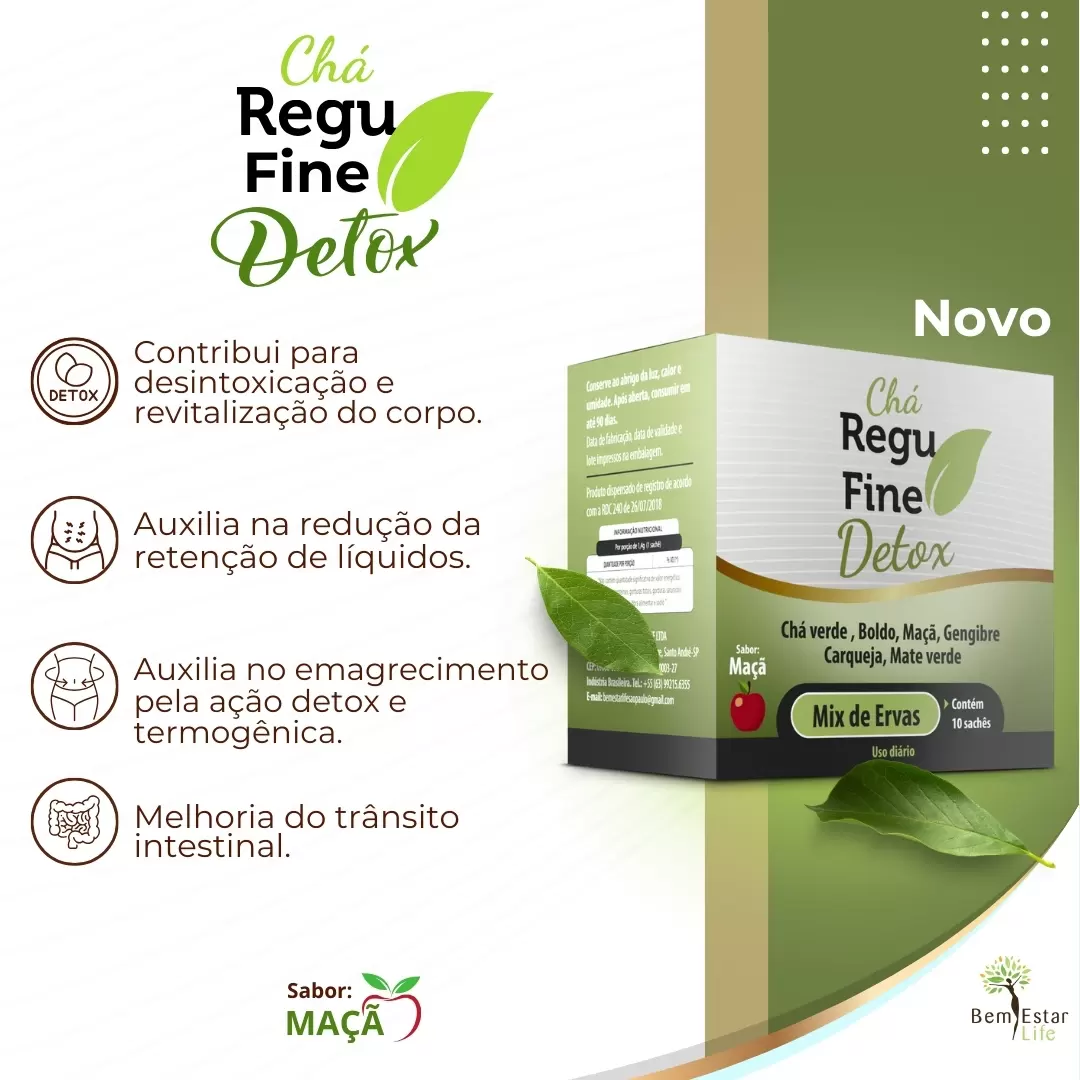 CHÁ REGU FINE - 10 SACHET DETOX SABOR MAÇA