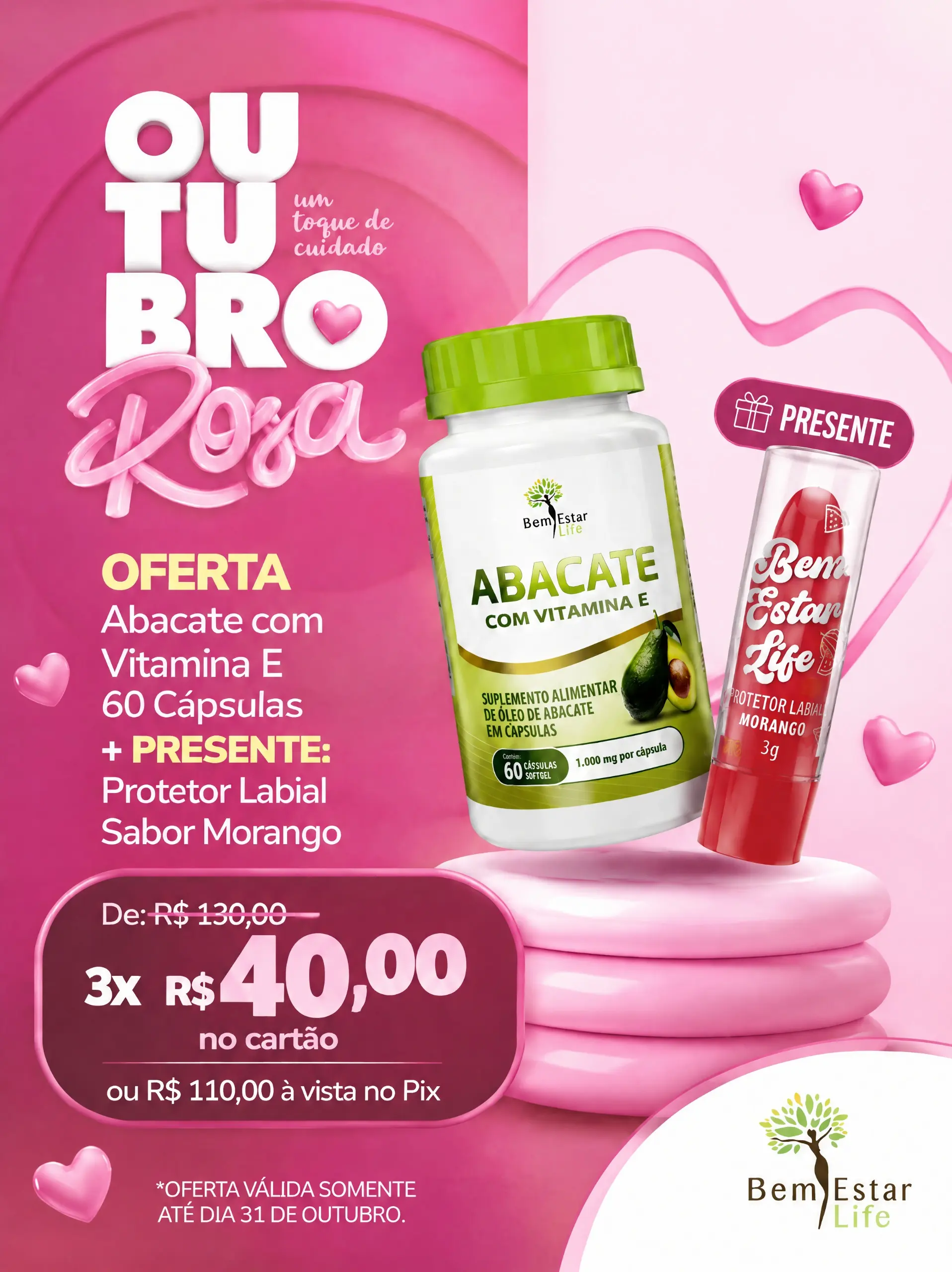 ABACATE COM VITAMINA E - 60 CAPSULAS PRESENTE PROTETOR LABIAL - SABOR MORANGO
