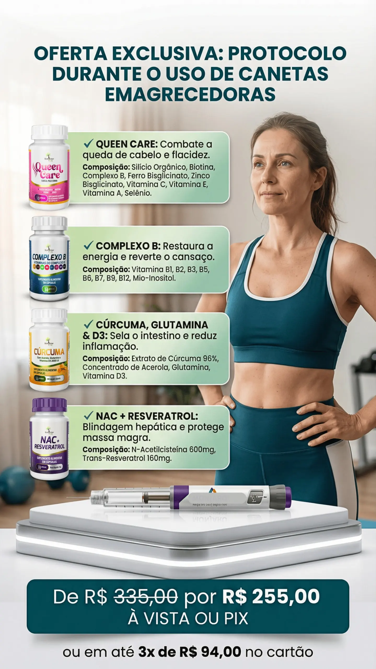 KIT CANETA: COMPLEXO B 30 CAPS. - CURCUMA 30 CAPS - QUEEN CARE 30 CAPS (CABELO E UNHA)  - NAC + RESVERATROL 30 CAPS. – - PORTA CAPSULAS 4 ESPAÇO