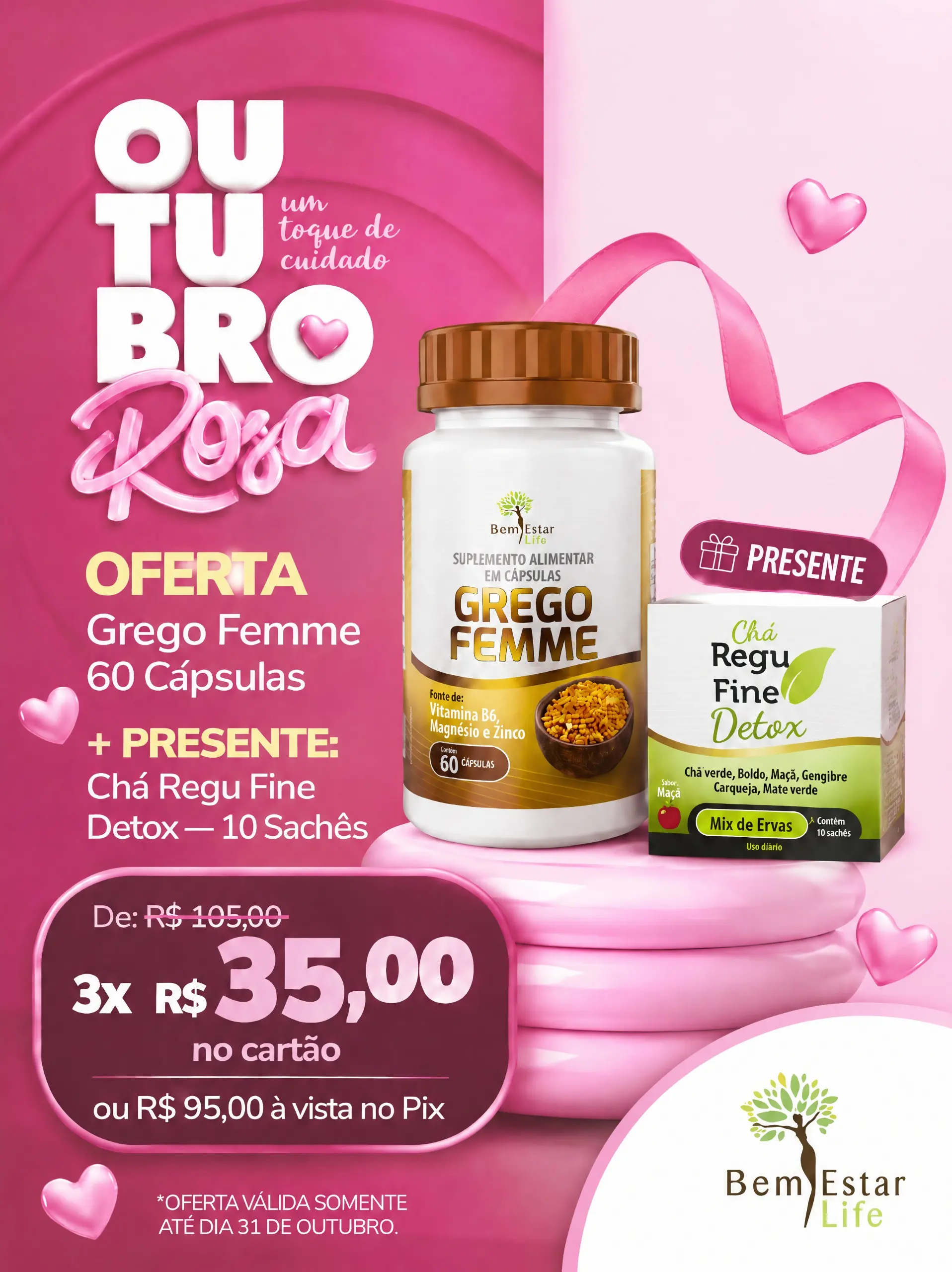GREGO FEMME - 60 CAPSULAS PRESENTE CHÁ REGU FINE DETOX - 10 SACHE